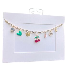 Multi Charm Necklace Gold Chain Charm Bar Cherry Butterfly Heart Clover Handmade